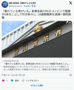 新東名掛川PAのコンビニで麩菓子6本をこぶしで叩き粉々に…24歳無職男を逮捕