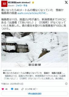 春になったら40メートルの橋なくなっていた雪崩か福島県只見町の国道のイメージ画像