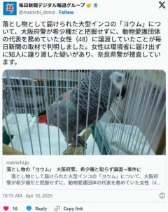 落とし物の「ヨウム」大阪府警、希少種と知らず譲渡→事件に…府警「適正だった」奈良県警が種の保存法違反容疑で譲渡先を捜査のイメージ画像