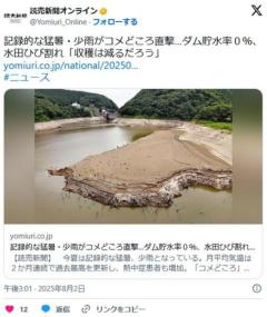 【コメ】記録的な猛暑・少雨がコメどころ直撃…ダム貯水率０％、水田ひび割れ「収穫は減るだろう」のイメージ画像