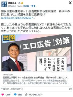 国民民主が性的ネット広告規制する法案提出 青少年の目に触れない措置を業者に義務付け (エロ広告規制法案)のイメージ画像