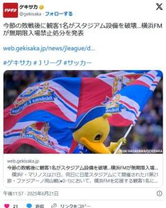 【サッカー】敗戦後に観客1名がスタジアム設備を破壊…横浜F・マリノスが無期限入場禁止処分を発表のイメージ画像