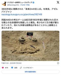 【考古学】3800年前に埋葬された「身長2mの巨人兵」を発見アゼルバイジャン