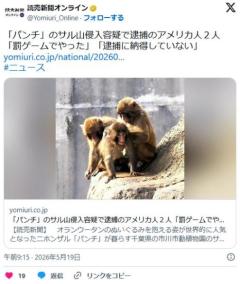 「パンチ」のサル山侵入容疑で逮捕のアメリカ人２人「罰ゲームでやった」「逮捕に納得していない」のイメージ画像