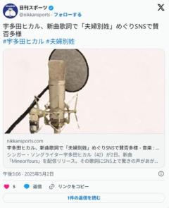 宇多田ヒカル新曲歌詞に「令和何年になったら夫婦別姓OKされるんだろう」議員ら反応「政策的主張が歌詞に」「感謝！」Xでは賛否のイメージ画像