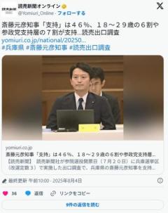 斎藤知事支持率46%、若者ほど支持「知事降ろしに失敗したメディアや活動家が騒いでるだけ」