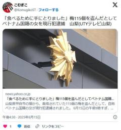 【山梨】畑から梅１１５個盗むベトナム国籍の女を逮捕「食べるために手にとりました」と供述のイメージ画像