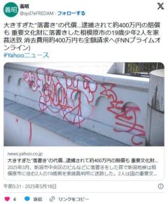 大きすぎた“落書き”の代償…逮捕されて約400万円の賠償も 重要文化財に落書きした相模原市の19歳少年2人を家裁送致