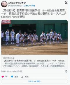 【高校野球】都青鳥特別支援学校0-66敗退も意義深い一歩特別支援学校初の単独出場の夏終わるのイメージ画像