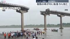 インド西部で橋の一部が崩落 少なくとも9人死亡