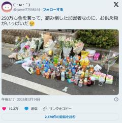 X民「250万も金を奪って，踏み倒した加害者なのに、お供え物がいっぱいだ😢」←6万いいねのイメージ画像
