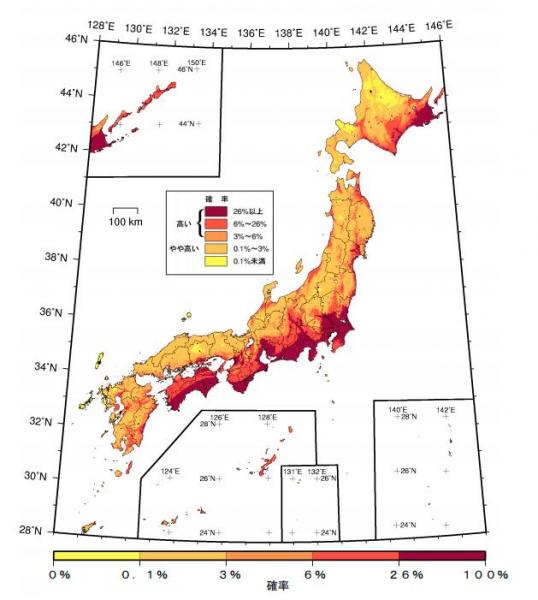 30年以内の震度6弱以上の地震 確率予測図「北海道で上昇」