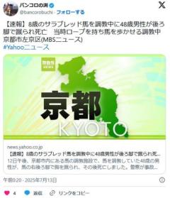 【京都】8歳のサラブレッド馬を調教中に48歳男性が後ろ脚で蹴られ死亡当時ロープを持ち馬を歩かせる調教中のイメージ画像