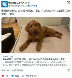 【訴訟】動物病院の火災で愛犬死ぬ飼い主が300万円の賠償求め提訴東京地裁