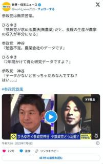 【悲報】ひろゆき「有機農法で自給率100%?wむしろ収穫量減りますがw」参政党代表「…」のイメージ画像