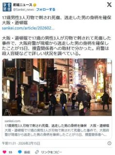 【大阪・道頓堀】17歳男性3人刃物で刺され死傷、逃走した男の身柄を確保のイメージ画像