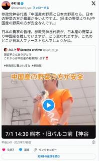 参政党・神谷「実は日本の野菜の方が農薬が多いんですよ。中国産の野菜の方が安全なんです」のイメージ画像