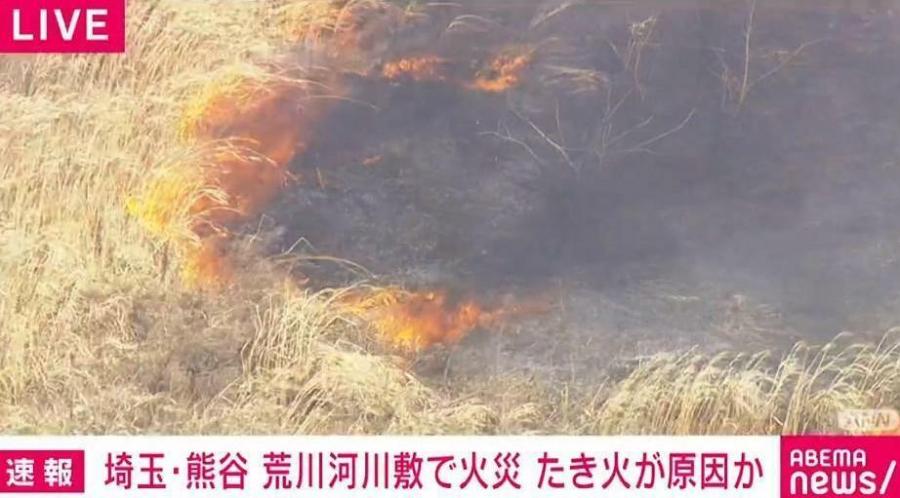荒川河川敷で枯れ草100メートル以上が延焼 焚き火の不始末が原因か、現在も消火活動中 埼玉・熊谷市