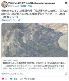 野焼きをしていた高齢男性…田んぼ脇の枯れ草が燃え山林にも延焼…約8000平方メートル焼損のイメージ画像