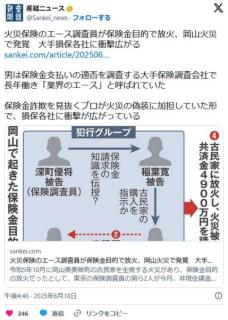 火災保険のエース調査員が保険金目的で放火、岡山火災で発覚大手損保各社に衝撃広がるのイメージ画像
