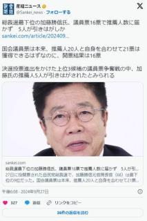【怪談】加藤勝信本人含め21人でカツカレー食べて鼓舞→投票結果16票→17人で反省会
