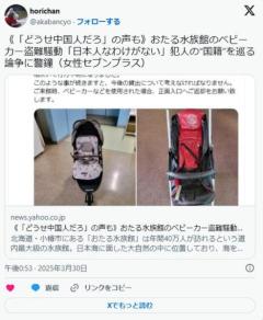 【「どうせ中国人だろ」の声も】おたる水族館のベビーカー盗難騒動「日本人なわけがない」犯人の“国籍”を巡る論争に警鐘のイメージ画像