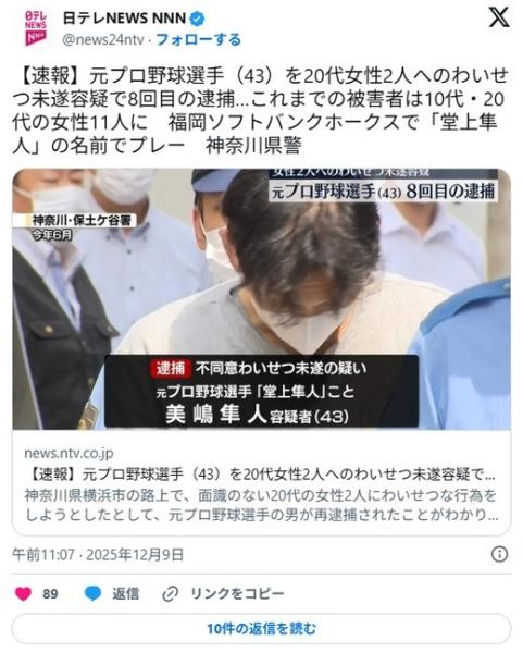 【悲報】元ソフトバンクの堂上隼人さん、女性への猥褻容疑で8回目の逮捕