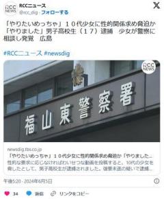 【広島】「やりたいめっちゃ」１０代少女に性的関係求め脅迫か「やりました」男子高校生（１７）逮捕