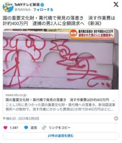  国の重要文化財「萬代橋」に落書きをした19歳の男2人に除去費用400万円を全額請求へ