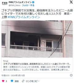 ゴキブリが原因で火災発生…殺虫剤を注入したビニール袋にライターで火を付け激しく引火し住人3人ケガ東京・上野のイメージ画像