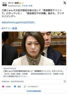 三原じゅん子大臣、国会を抜け出して「美容整形クリニック」に行っていたのイメージ画像