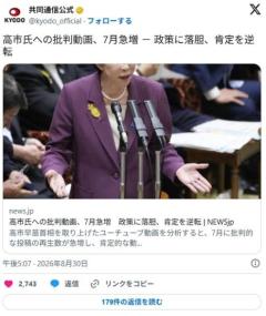 【YouTube】高市氏への批判動画、7月急増 政策に落胆、肯定を逆転のイメージ画像