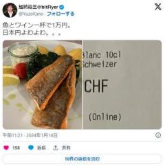 【悲報】ビットフライヤー創業者「スイスで魚とワイン一杯頼んだら1万円。日本円よわよわw」のイメージ画像