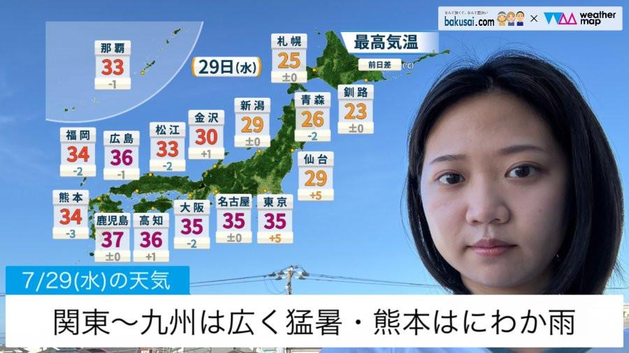 関東〜九州は広く猛暑・熊本はにわか雨のイメージ画像
