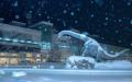 雪に覆われた恐竜のモニュメント福井..