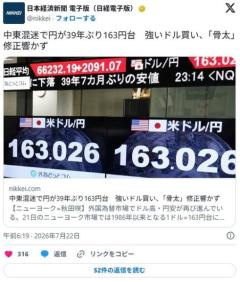 【円安】39年ぶり163円台、中東混迷でドル買い強まる 「骨太」修正響かずのイメージ画像
