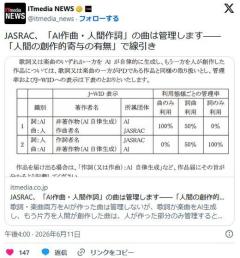 【AI】JASRAC、「AI作曲・人間作詞」の曲は管理します――「人間の創作的寄与の有無」で線引き