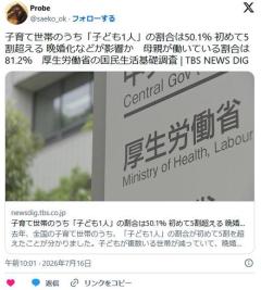 子育て世帯のうち「子ども1人」の割合は50.1％ 初めて5割超える 晩婚化などが影響か 母親が働いている割合は81.2％ 厚生労働省のイメージ画像