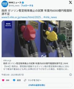 石破政権、ガソリン暫定税率廃止で6000億円の財源不足になると試算を示す