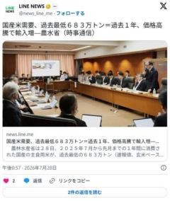国産米需要、過去最低に・・・のイメージ画像