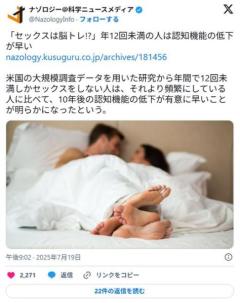 セックスが月一回以下のヤツ、将来痴呆るぞ