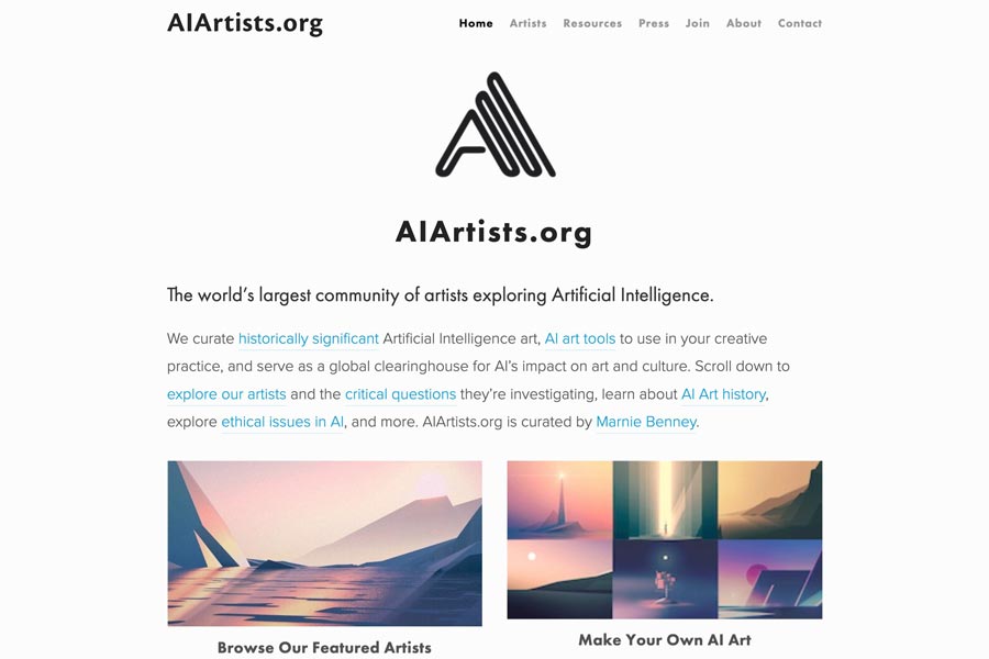 「AIArtists.org」のトップページ（スクリーンショット）