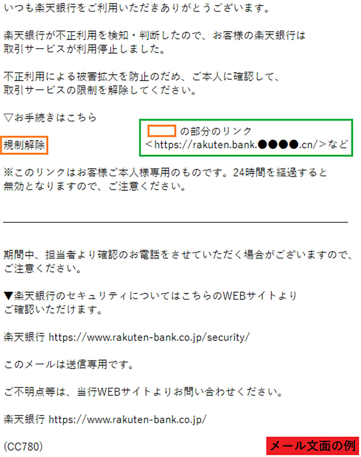 楽天銀行をかたる詐欺メール例