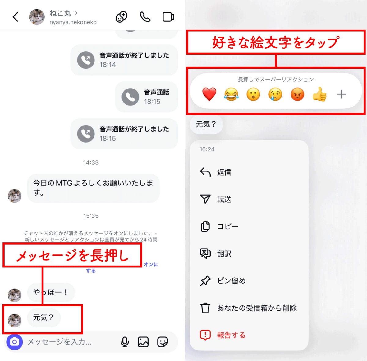 インスタのDMで絵文字のリアクションを送信する方法2
