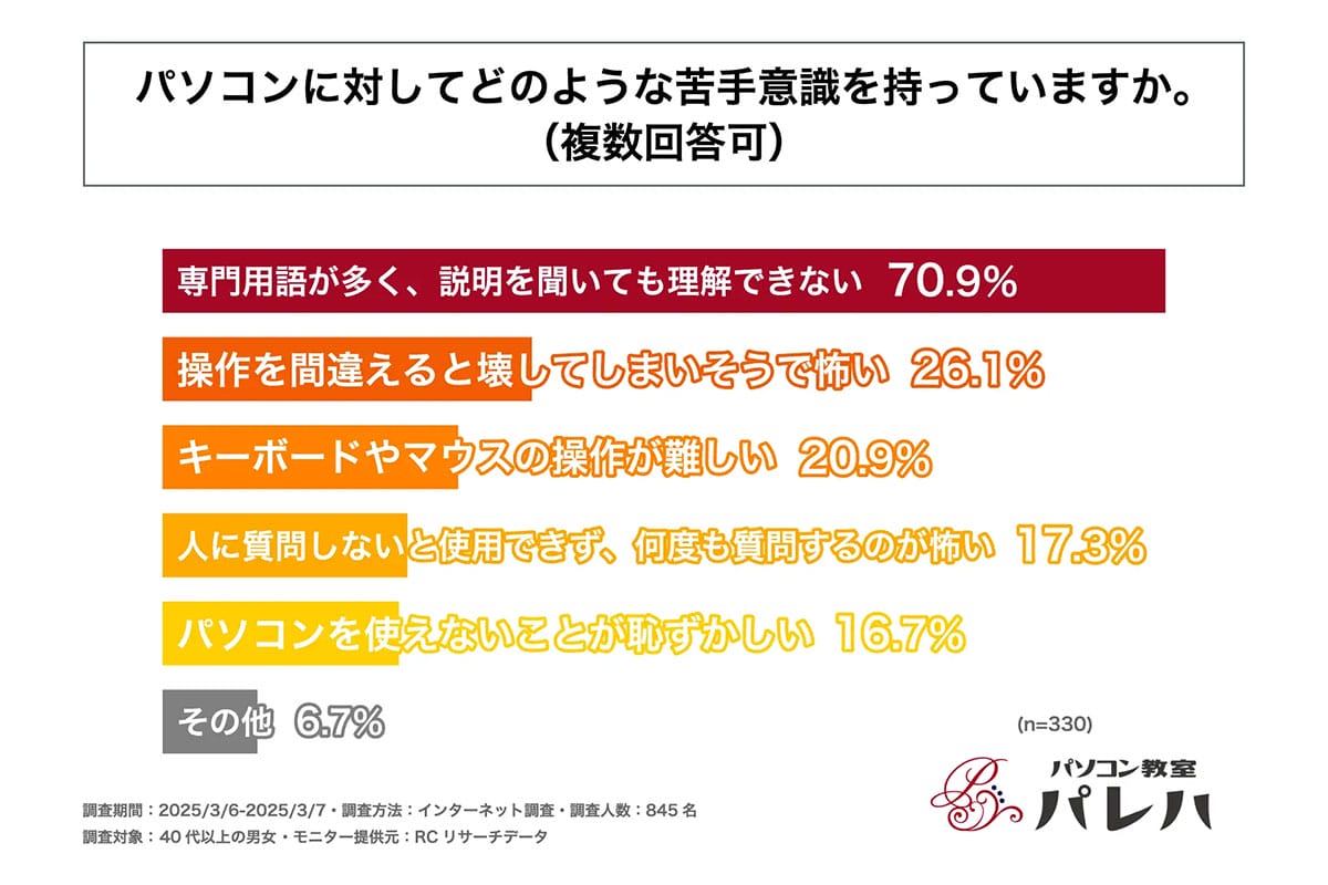 中高年に多いパソコン苦手意識　最大の原因は「専門用語の難解さ」だった【パレハ調べ】の画像2