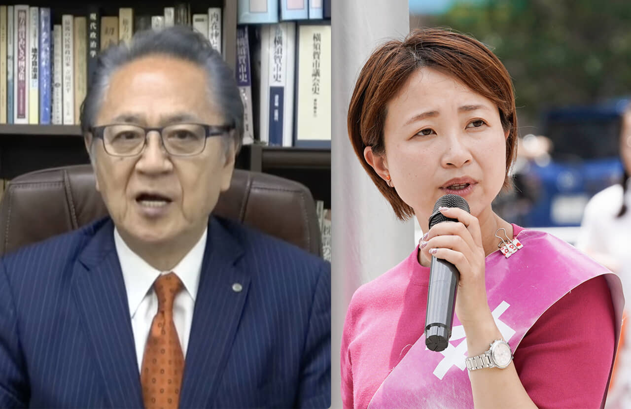 横須賀市長選に立候補している現職市長・上地克明氏（左）と新人トップ当選女性市議・小幡沙央里氏